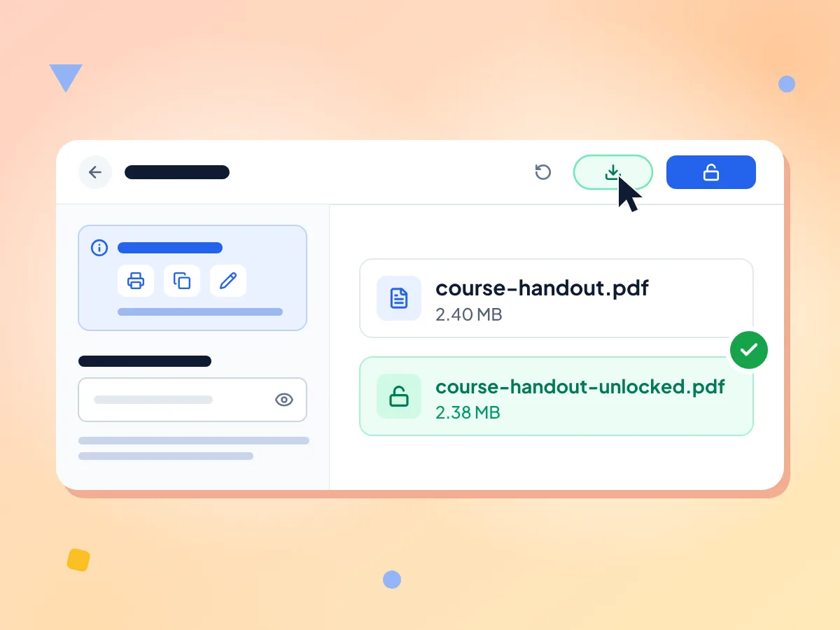 パスワードなしでPDFのロックを解除: 空のパスワード欄、2.40 MB の course-handout.pdf、緑の course-handout-unlocked.pdf
