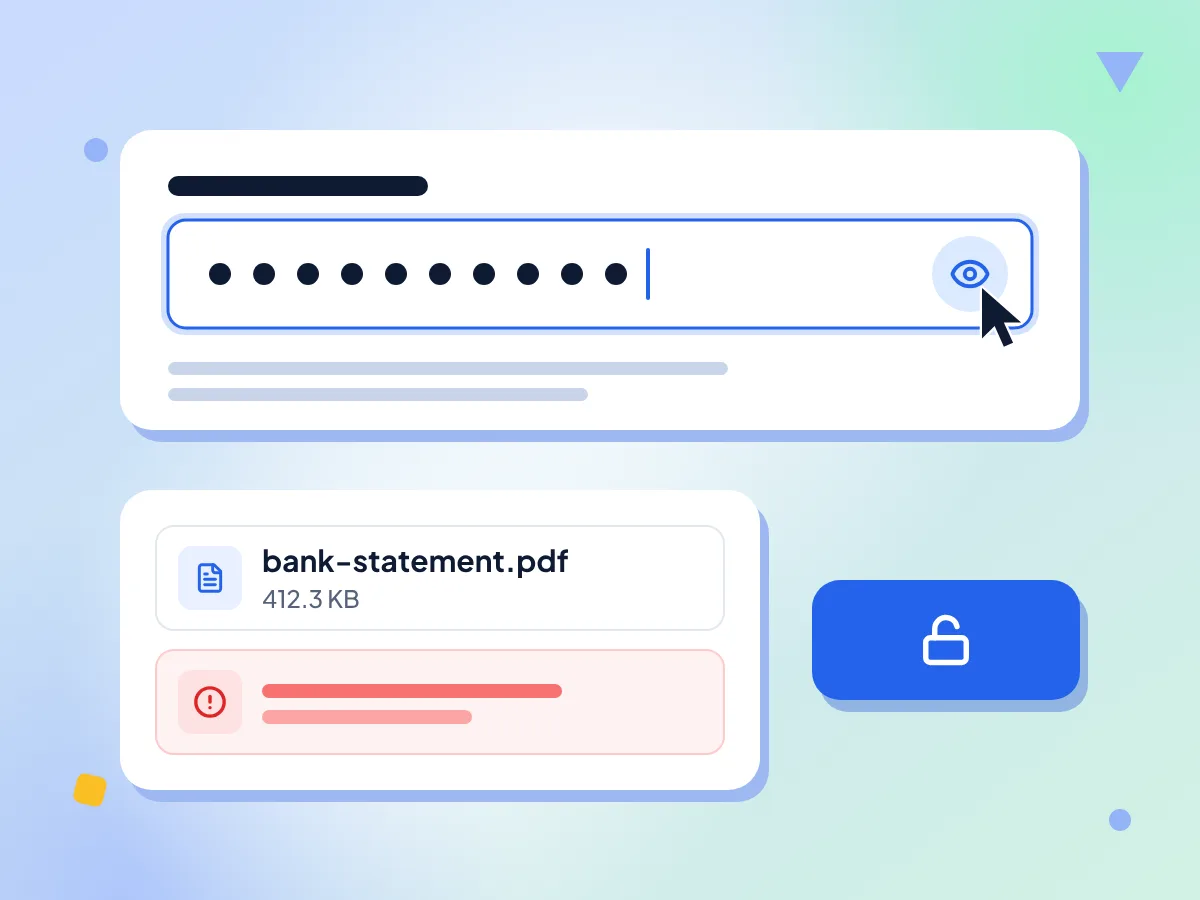パスワードありでPDFのロックを解除: 目のアイコンで切り替えられるマスク付きパスワード欄、bank-statement.pdf、赤いパスワード誤りの警告
