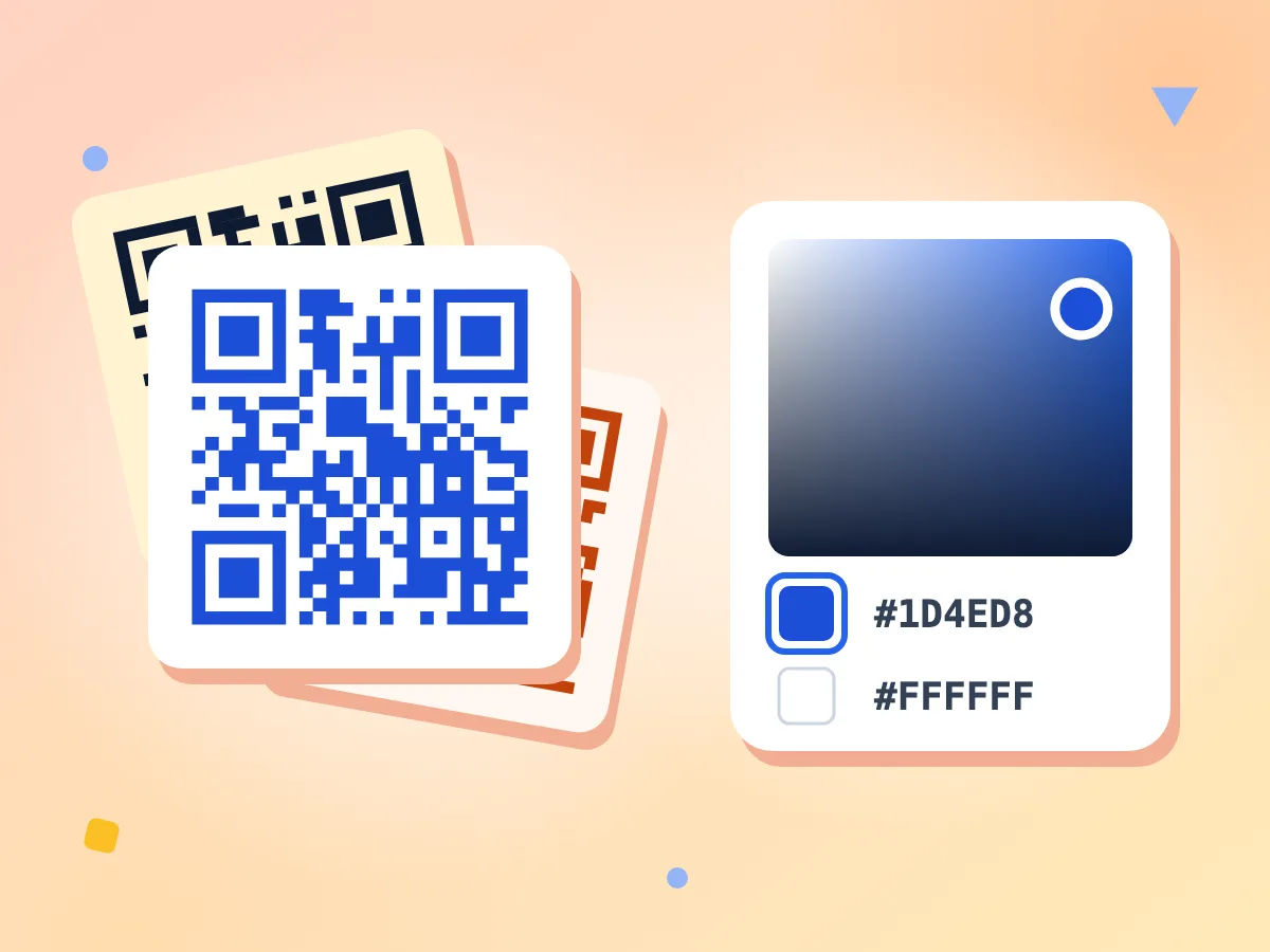 Couleurs personnalisées de QR code : un QR code bleu sur fond blanc devant des versions crème et orange, à côté d'un sélecteur de couleur avec des codes hexadécimaux