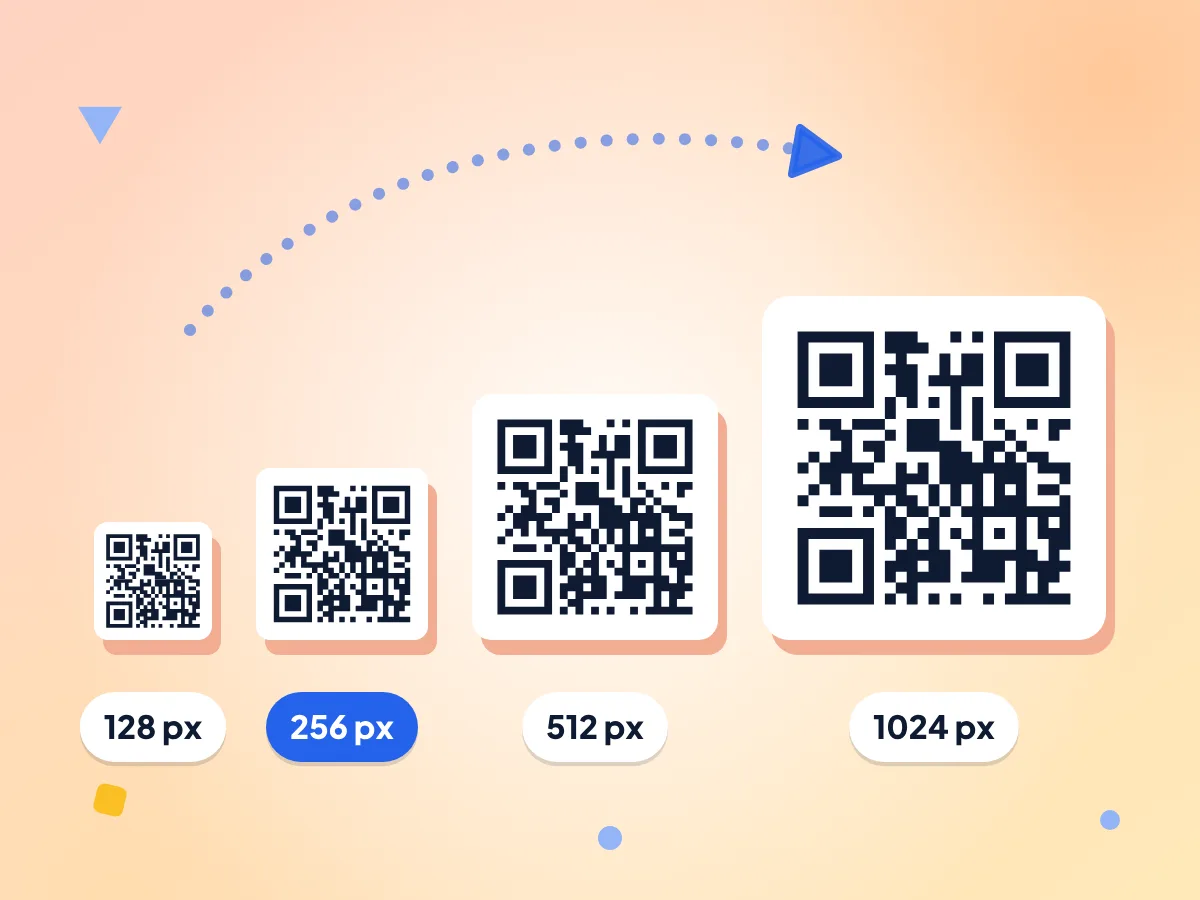 Préréglages de taille de QR code : quatre QR codes de taille croissante, étiquetés 128 px, 256 px, 512 px et 1024 px