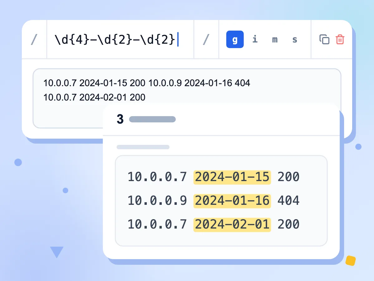 Regex-Tester mit dem Muster \d{4}-\d{2}-\d{2}, aktiviertem g-Flag und 3 markierten Datumsangaben in Logzeilen