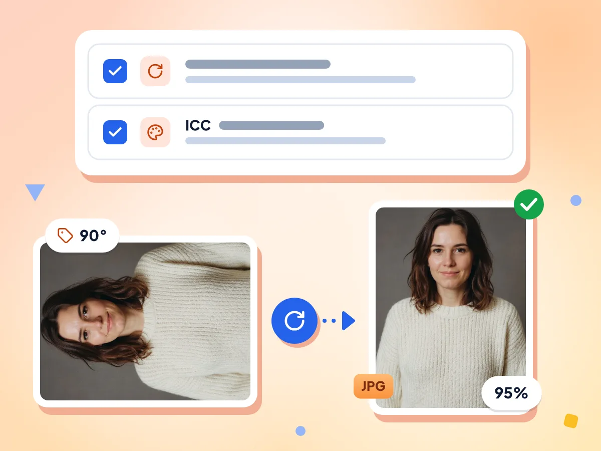 Supprimer les données EXIF et garder les photos droites : un JPG couché avec une balise de rotation de 90° est remis droit et enregistré à 95 %