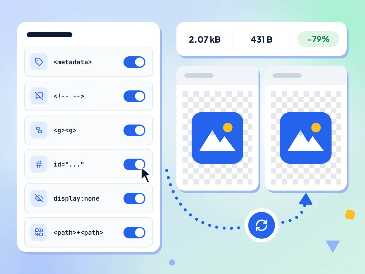 Configurações do otimizador de SVG com seis opções de limpeza todas ativadas, ao lado das prévias original e otimizada do mesmo logotipo