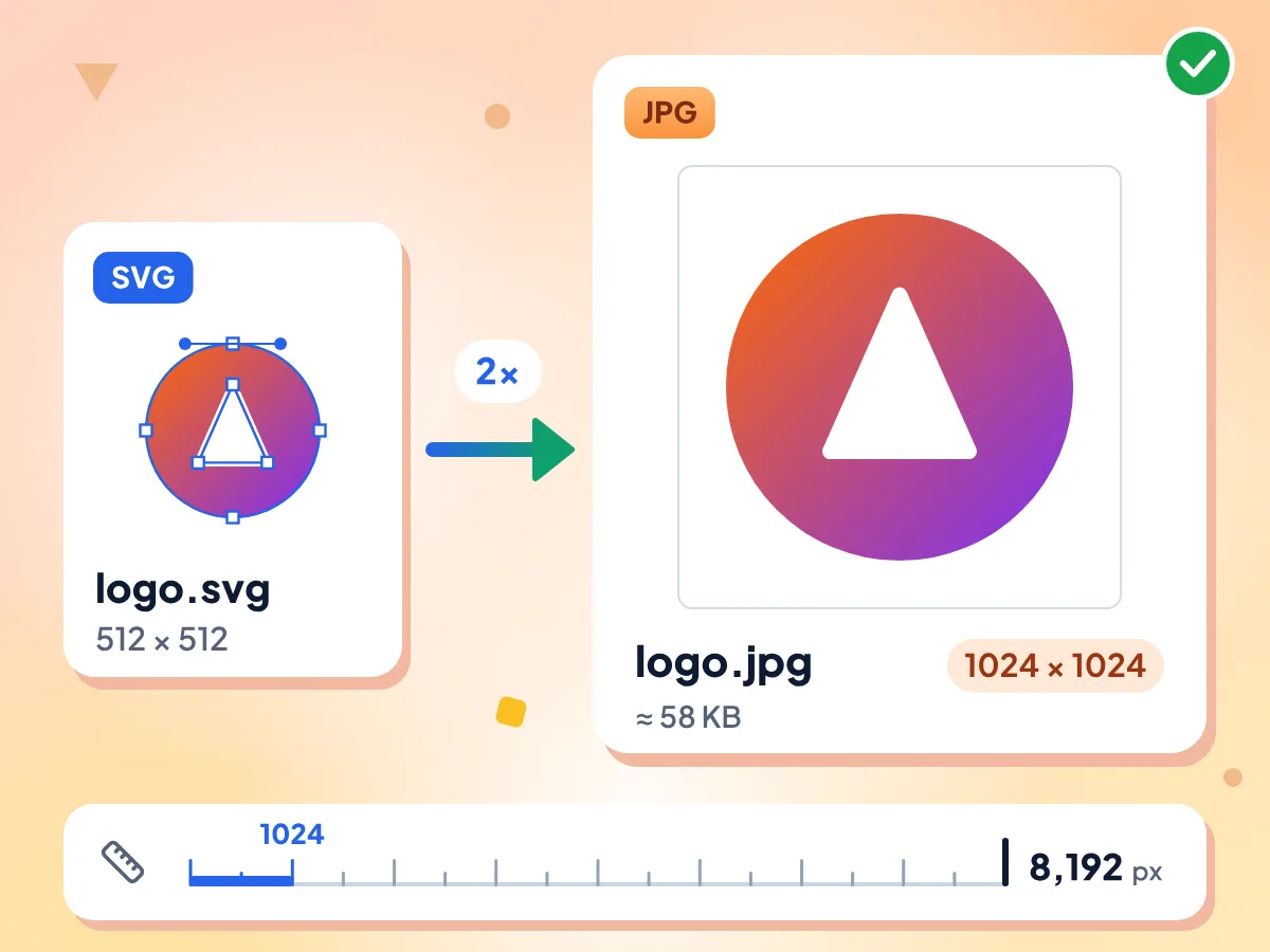 SVGからJPGへ:512 × 512 の logo.svg が約58 KBの 1024 × 1024 logo.jpg になり、定規で最大8,192 pxまで指定可能
