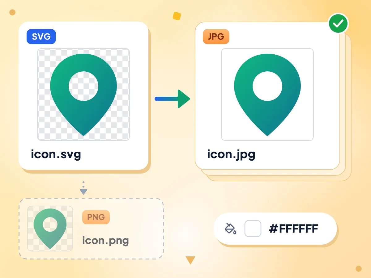 白背景でSVGからJPGへ:透明グリッド上の icon.svg が #FFFFFF 背景の icon.jpg になり、icon.png は透過のまま