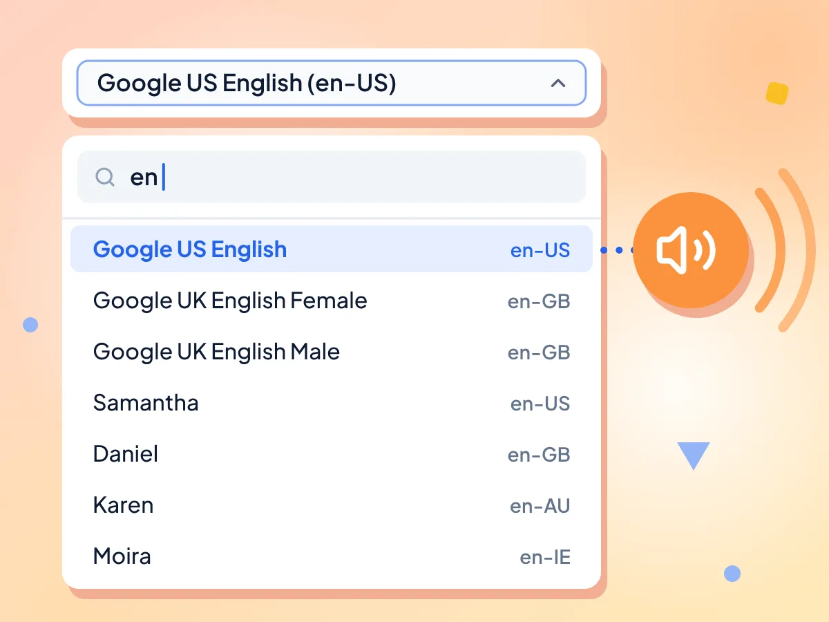 en ile filtrelenmiş metni sese dönüştürme ses listesi: Google US English, Samantha, Daniel ve dil kodları