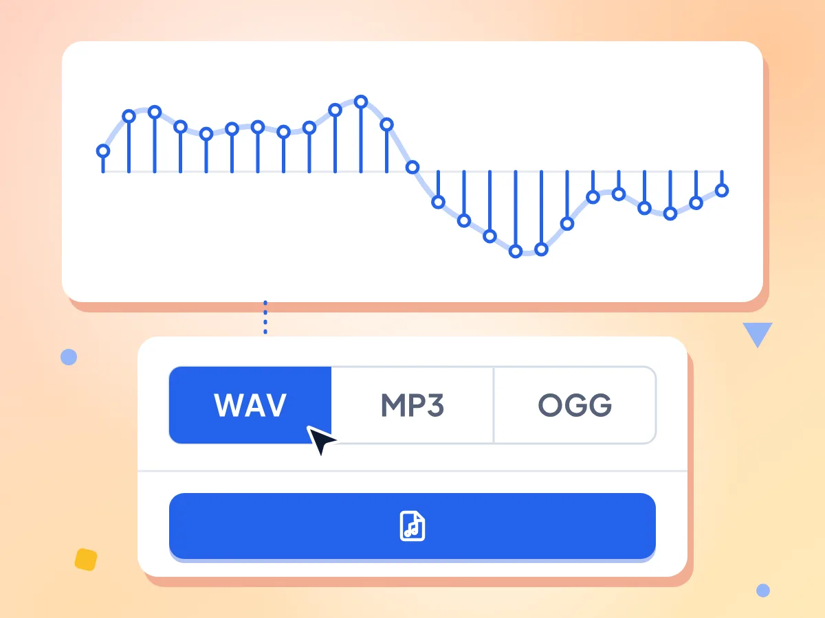 Seletor de formato do conversor de texto em WAV com WAV escolhido, sob um close das amostras de áudio sem compressão