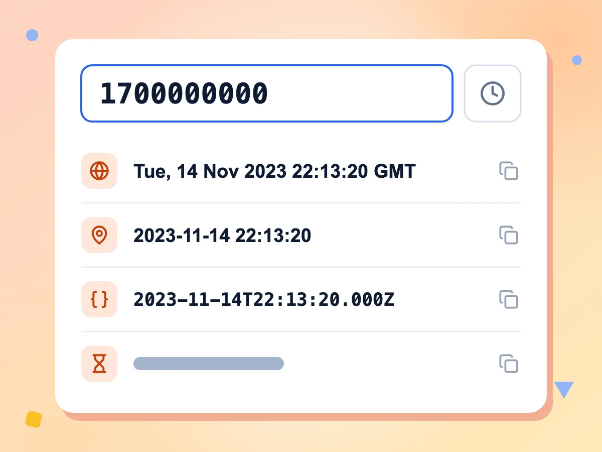 1700000000 Unix zaman damgası, Tue, 14 Nov 2023 22:13:20 GMT, yerel saat ve ISO 8601 2023-11-14T22:13:20.000Z biçimine dönüştürülmüş