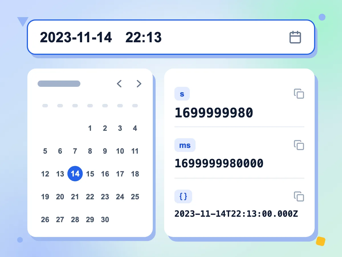 Tarihten Unix zaman damgasına: tarih seçicideki 2023-11-14 22:13, 1699999980 saniye ve 1699999980000 milisaniye veriyor