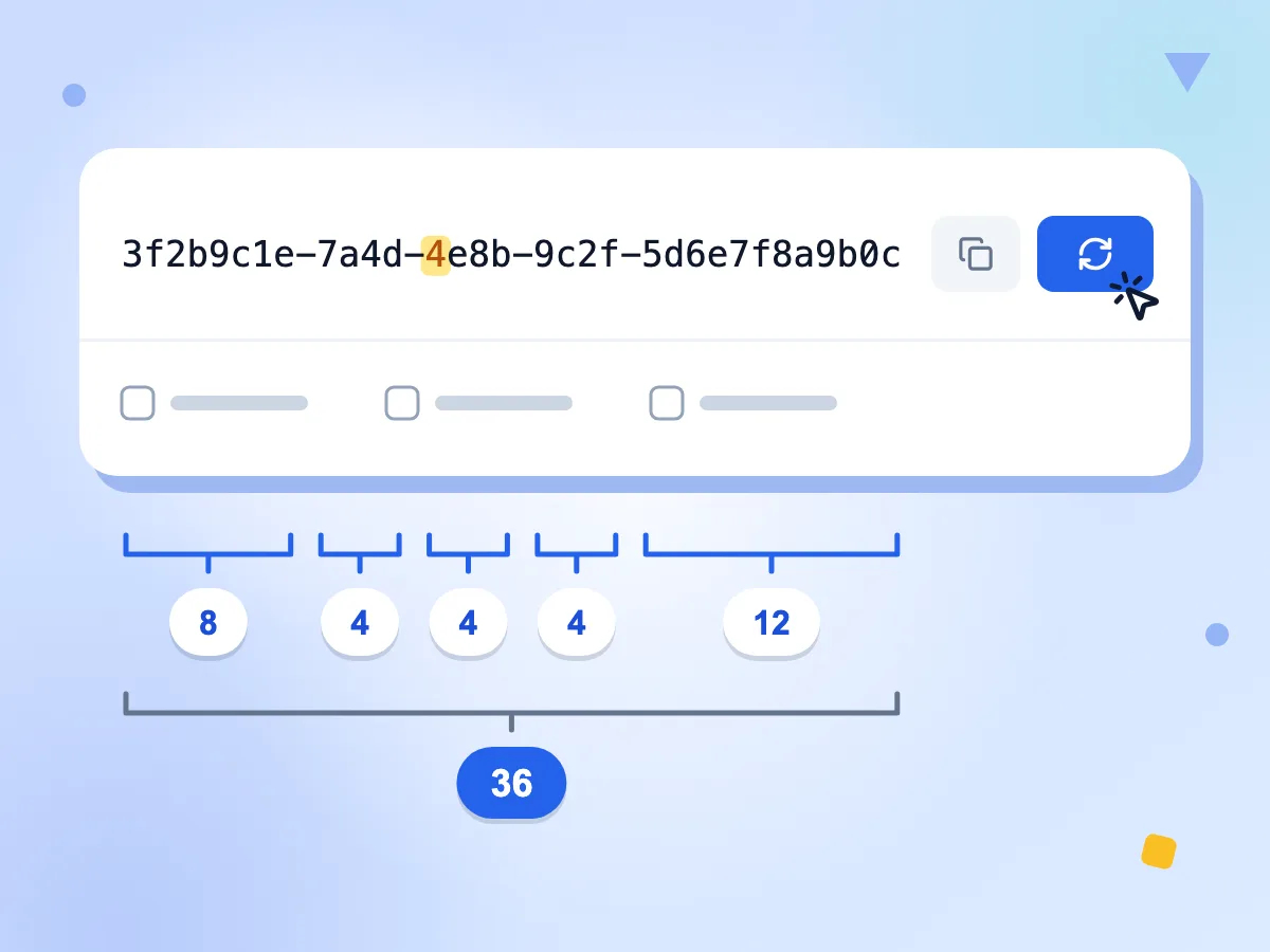 UUID 生成器显示一个随机的版本 4 UUID,其中版本数字 4 已被标出,并附有 36 个字符的 8-4-4-4-12 结构图