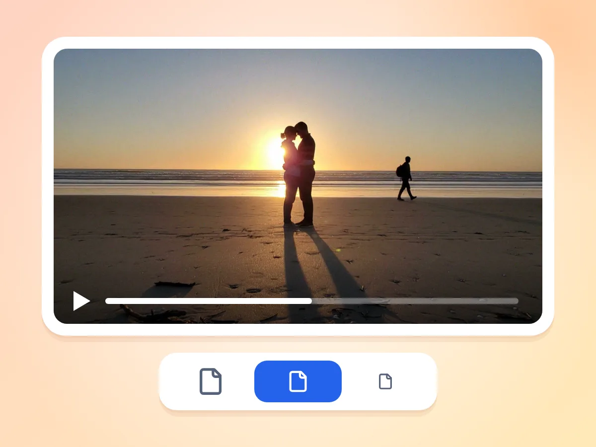 Préréglages de qualité du compresseur vidéo : une vidéo de coucher de soleil sur la plage dans le lecteur, au-dessus de trois icônes de fichier, avec le préréglage du milieu sélectionné