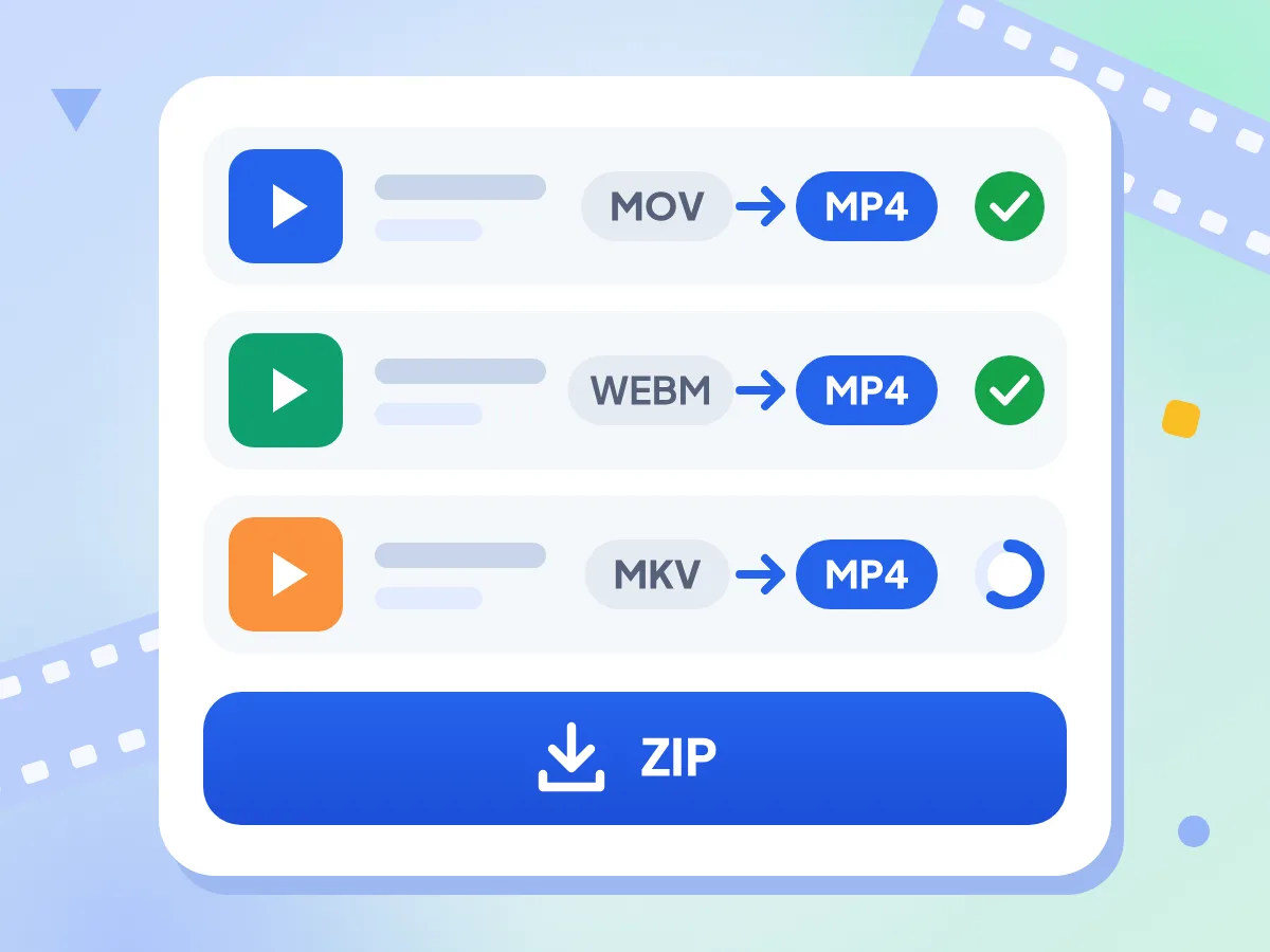 Batch video conversion list: MOV, WEBM and MKV clips turning into MP4, with a ZIP download button