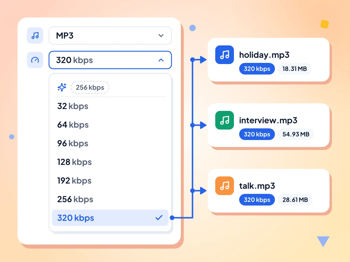 Bitratenmenü von „Video to MP3“ mit Auto und 32 bis 320 kbps, 320 kbps ausgewählt und auf drei MP3-Dateien angewendet