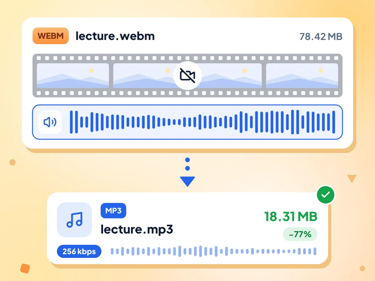 WebM'den MP3'e ses: 78.42 MB'lık lecture.webm dosyasının ses kanalı 256 kbps'de 18.31 MB'lık MP3 olarak kaydediliyor, %77 daha küçük