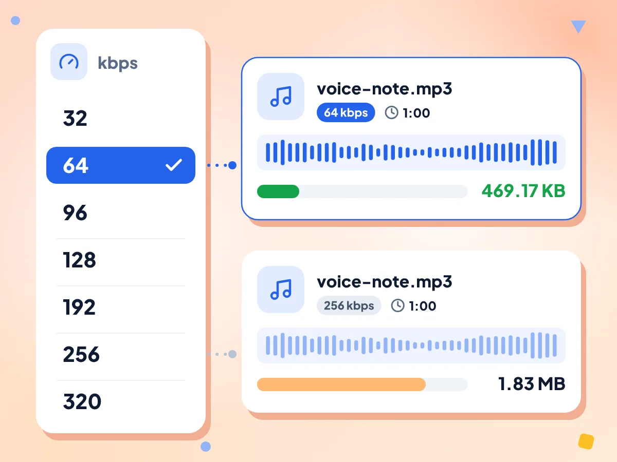 32 ile 320 kbps arası WebM'den MP3'e bit hızı listesi, 64 seçili: 1:00'lık bir ses notu 64'te 469.17 KB, 256'da 1.83 MB